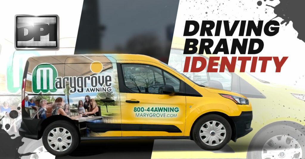 Marygrove Awning's Yellow Fleet Vehicle Van | Fleet Vehicle Vinyl Wrapping: Driving Your Brand Identity | DPI Graphics Inc